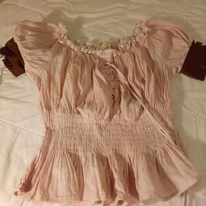 Pink Smocked Blouse, Bridgenton Style, Vegan Leather
